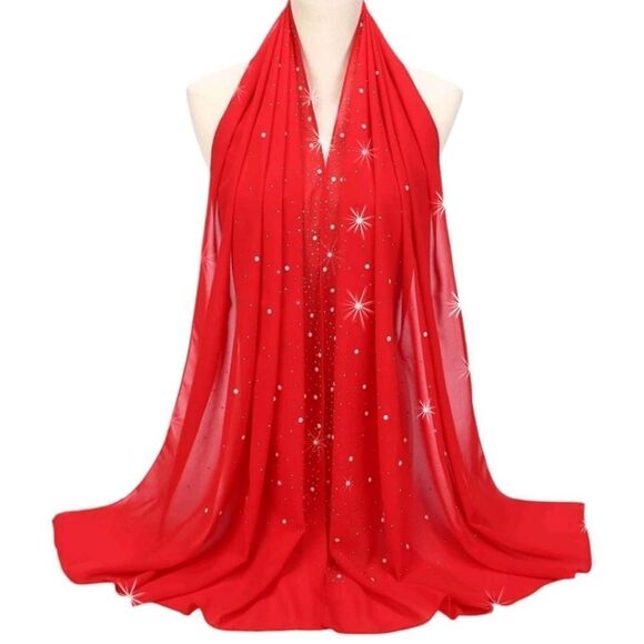 Stunning Red Chiffon Pearls and Rhinestones Scarf